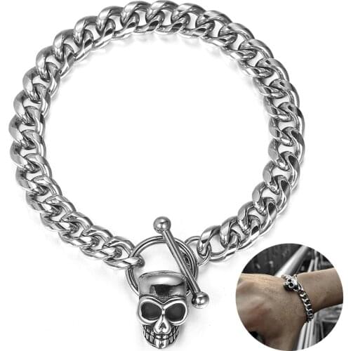 9mm Skull Bracelet For Men Boys Curb Cuban Link Chain Stainless Steel Bracelet Ghost Head Punk Gothic Male Jewelry Gifts LDB318