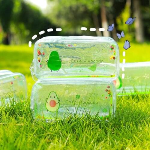 Cute Quicksand Avocado Pencil Case Large Capacity Pencil Bag Transparent Glitter Cosmetic Bag Pencilcase Pen Box School Supplies