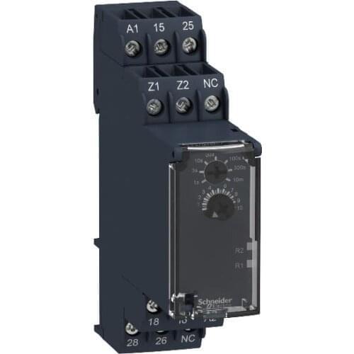 RE7RB13MW is replaced by: RE22R2KMR Modular timing relay, 5 A, 0.05 s…10 min, 2 CO, delay on de-energization, 24...240 V AC/DC