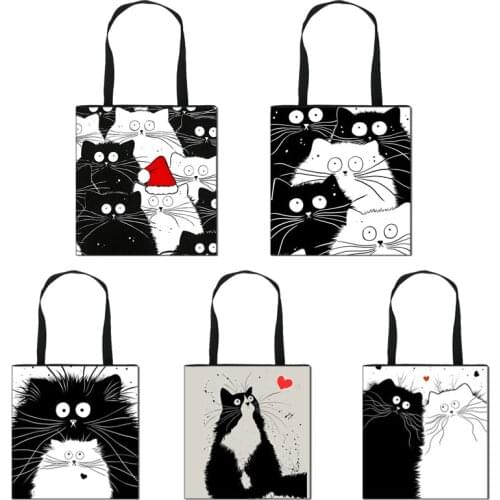 Cute Cat Printing Women Handbag Linen Tote Bags Girl Casual Traveling Beach Bags Black and White Cat Shoulder Bag