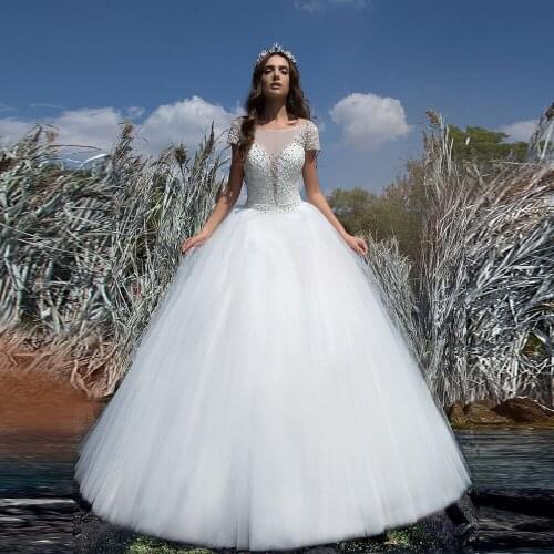 Full Sparkly Beading Crystal Princess Wedding Dresses Suknia Slubna None Train Floor Length Short Sleeve A-line Gowns