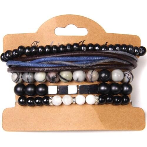 5pcs/set Fashion Multilayer Handmade Retro Leather Punk Braided Bracelet Natural Stone Beads Charm Bracelet Men Jewelry Gifts