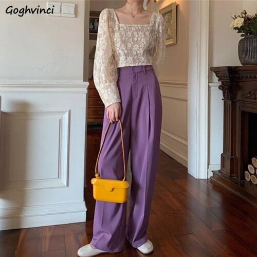 Women Sets Puff Sleeve Trendy Crop Tops Lace Sexy Lady Slim Square Collar Retro Purple Wide-leg Pants All-match Vintage Office