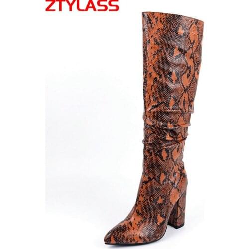 2021 Snake Print Knee High Boots Women Faux Leather High Heel Pleated Long Boots Pointed Toe Zipper Autumn Winter Female Boots