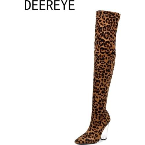 Womens Winter Stretch Skinny Over The Knee Thigh High Boots Leopard Print Strange Transparent Heel Pointed Toe Side Zipper Shoe