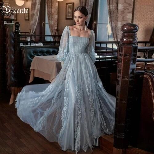 VC Ladies Dress Fairy Temperament Square Collar Lantern Sleeve Backless Leaf Applique Sequin Light Blue Yarn Dinner Dress