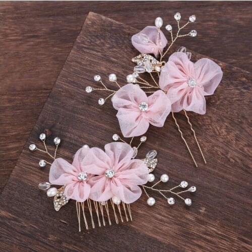 1 Set Gold Pink Floral Bridal Headpiece Leaf Flower Crystal Pearl Wedding Hair Combs For Pearl Women Bride Headdress Accessories