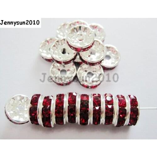 200pcs/lot 10mm Top Quality Czech Crystal Siam Rhinestone Pave Rondelle Metal Silver Plated Spacer Loose Beads Jewelry Making