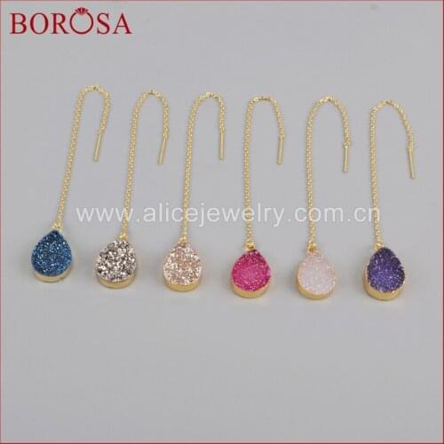 BOROSA 3Pairs Gold Color Teardrop Titanium Rainbow Druzy Crystal Threader Earrings, Mix Colors Handcrafted Drop Earring G1242