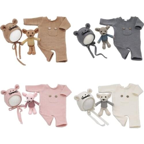3 Pcs/set Newborn Photography Props Suit Knitted Cotton Jumpsuit Hat Mouse Doll Infant Photo Shooting Clothes Outfits
