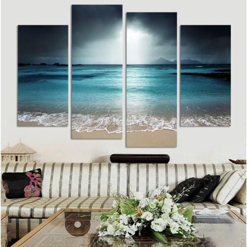 4 Panel Modern Wall Art Home Decoration Frameless Painting Canvas Prints Pictures Sea Scenery With Beach Unframed Art Works