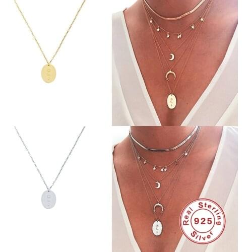 BOAKO 925 Sterling Silver Necklace With Star Moon Sun Pattern Oval Plate Pendant Necklace For Women Jewelry Chain Collar Bijoux