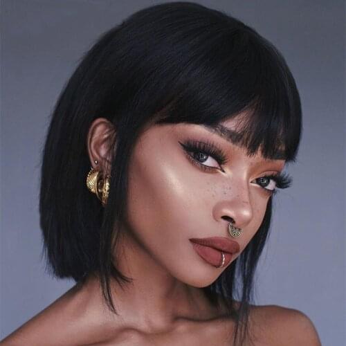 Black Short Bob Wigs for Women Straight Full Lace Wig Bangs Cheap Natural Hair Synthetic Wig Wholesale Costume Cosplay Halloween