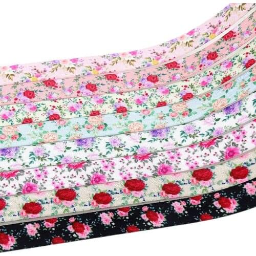 DHK 5/8'' 5yards Flowers Floral Rose printed Fold Elastic FOE stretch ribbon hairbow headwear headband DIY OEM 15mm E1932