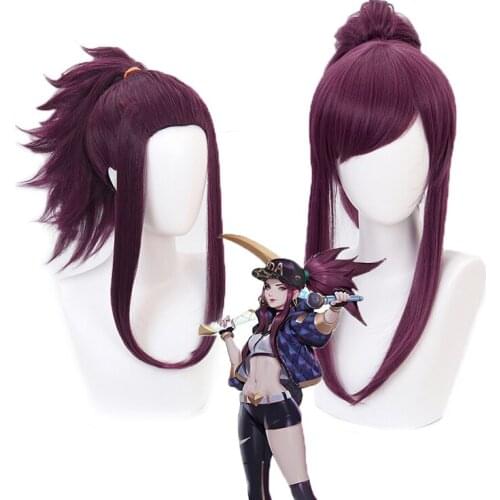 Game LOL KDA Akali Dark purple Ponytail Heat Resistant Synthetic Hair Halloween Party Cosplay Wig