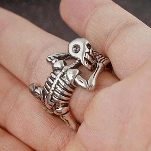 Vintage Punk Evil Dragon Skull Ring Men Chunky Copper Alloy Biker Rock Rap Embrace Skeleton Head Ring Adjustable Gothic Jewelry