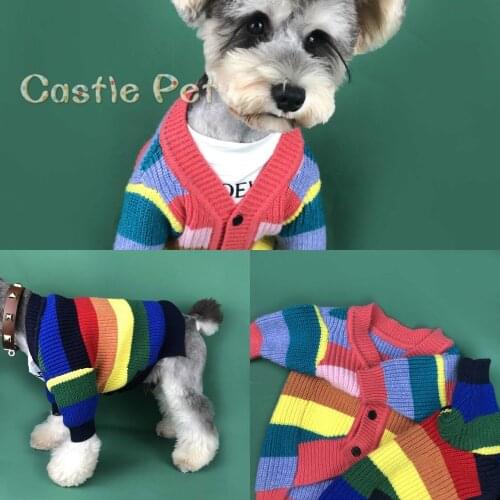 Soft Dog Knit Sweater,Dog Winter Clothes Rainbow Strip Fashion Cardigan Sweater,Terrier Poodle Teddy Chihuahua Bulldog Sweater
