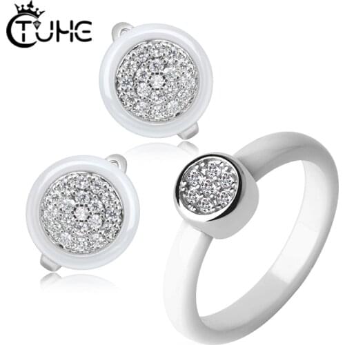 New Geometric Jewelry Sets Women Jewerly AAA+ CZ Zirconia Elegant Style Wedding Ceramic Rings Stud Earrings Never Fade Gift