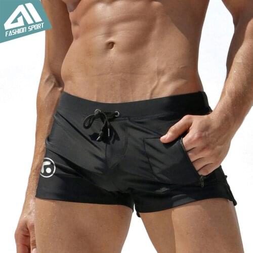 New Mens Swimwear Summer Beach Men Swimming Shorts with Pocket Sexy Men Beachwear Swimsuit Surfing Swim Shorts AQ09