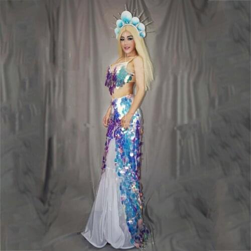 Sexy Summer Symphony Mermaid Sequins Bra Shinging Skirts Women Nightclub Bar Gogo Costumes Female Stage Rave Outfits XS2249