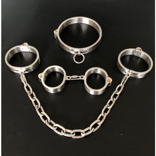 Removable Chain Stainless Steel Slave Collar Hand Ankle Cuffs BDSM Bondage Set Adult Games Restraints Sex Toys For Couples