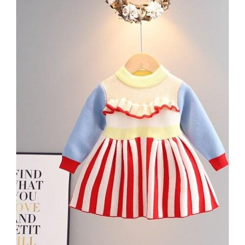 Sweet Autumn Girls Princess Kids Children Baby Infant Knitting Dress Ruffle Long Sleeve Striped Knitwear Dresses Vestidos S12872