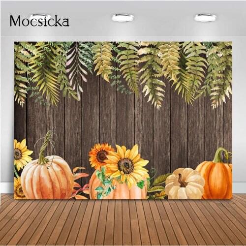 Pumpkin Sunflower Backdrop for Photography Fall Thanksgiving Rustic Wood Leaves Portrait Photo Background Baby Shower Banner