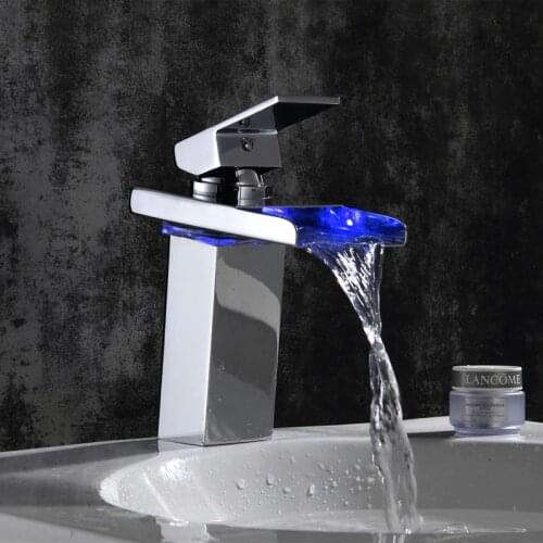 Vidric Basin Faucets LED Light Waterfall Faucet Solid Brass Tap for Bathroom Chrome Finish Deck Mounted Vessel Sink Mixer Squar
