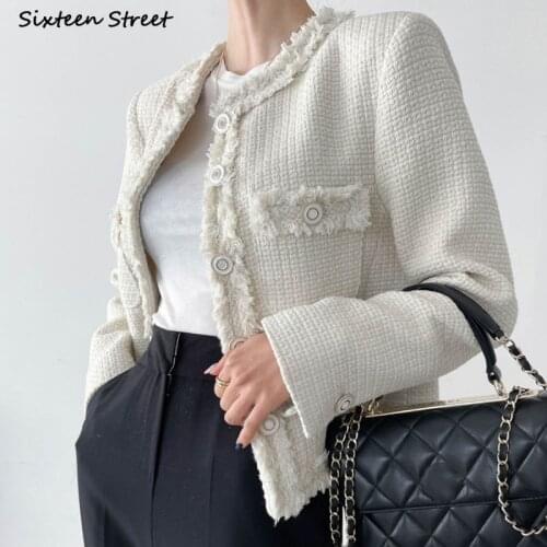 Beige Tweed Jacket Woman Fall 2021 Pocket Button Elegant Streetwear Crop Jacket Office Ladies Korean Business Coat Winter Chic
