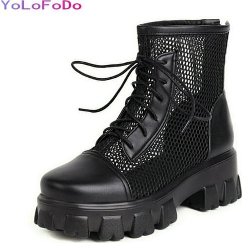 Plus Size 34-43 Black White Summer Women Boots Platform Square Heel Ankle Boots PU Leather Fashion Round Toe Mesh Boots