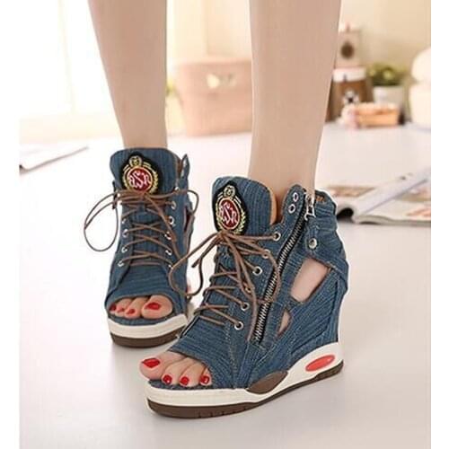 Womens Peep Toe High Top Denim Jeans Sandals Cut Out Lave Up Sneaker Hidden Wedge Heel Pumps Shoes Side Zipper Shoes Summer B179