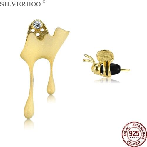 SILVERHOO 925 Sterling Silver Earrings For Women Cute Gold Color Bee And Water Drop Honey Asymmetric Stud Earring Luxury Jewelry