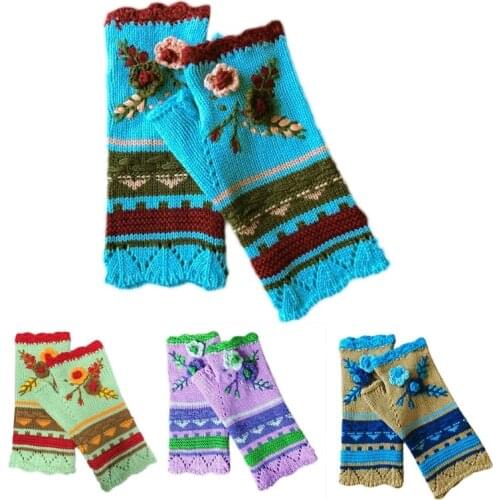Women Winter Chunky Knit Texting Fingerless Gloves Ethnic Vintage Multicolor Striped Crochet Floral Thumb Hole Mittens