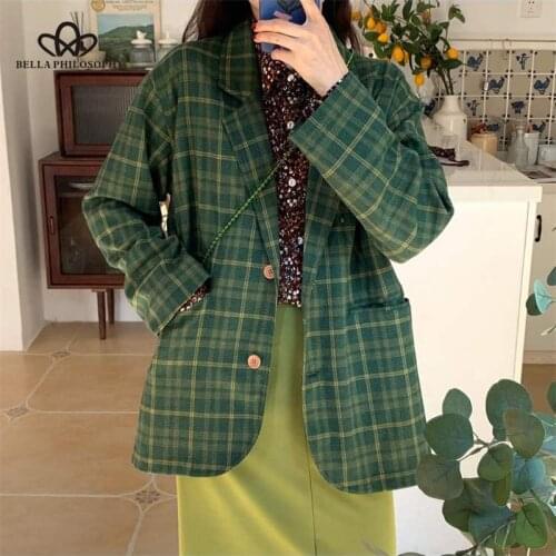 HStar 2020 Autumn New Women Green Plaid Blazer Office Lady Single Breasted Outwear Female Notch Collar Loose Jackets