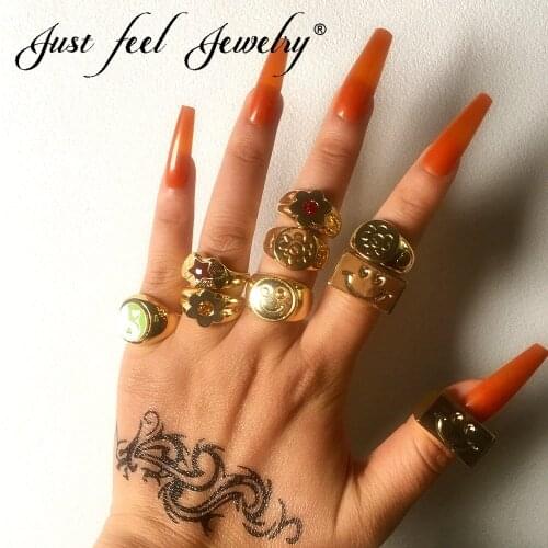 JUEF FEEL Retro Punk Radio Smiley Flower Open Ring For Women Gold Silver Color Hip-hop Personality Ring Fashion Geometry Jewelry