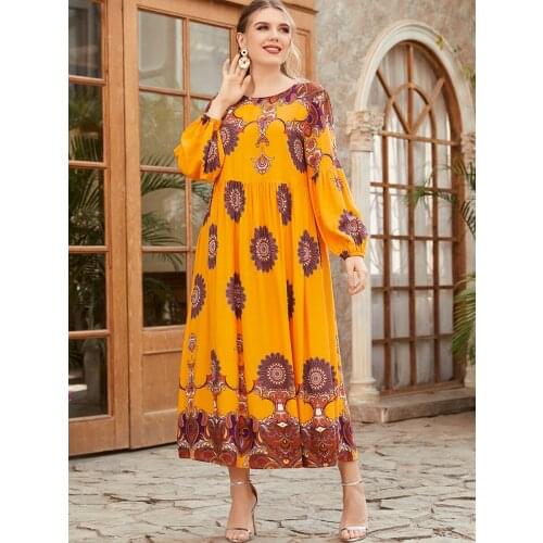 Floral Fashion Autumn Casual Maxi Dresses Sets A Line Ladies Clothes Plus Size Women Muslim Malay Long Sleeve M-4XL Loose Fit