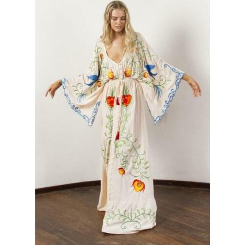 Embroidery Occident Womens Long Bohemia Floral Vintage Dress Deep V Summer New