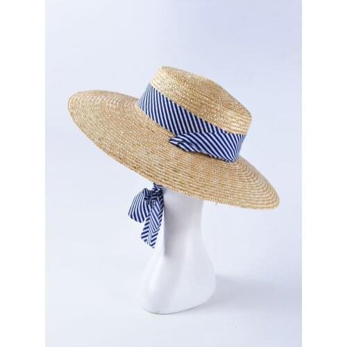 2021 Creative French Fashion Shallow Top Flat Top Straw Hat Spring/Summer Hat Ladies Stripe Bandage Bow Sun Gorras