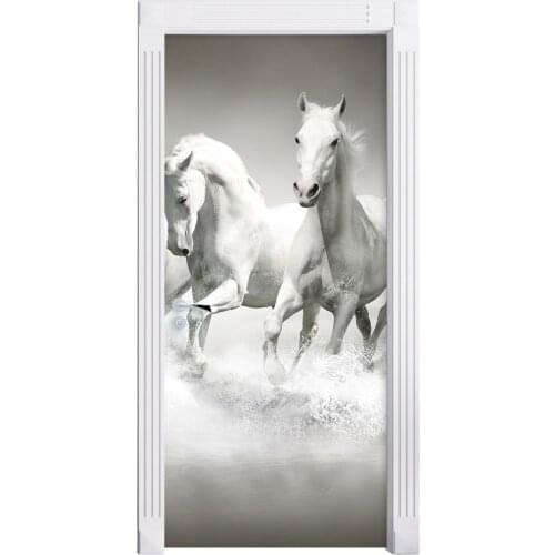 3D Door Sticker White Horses Wall Sticker DIY Door Cover Kitchen Home Decoration Accessories Modern 3d Wall Stickers