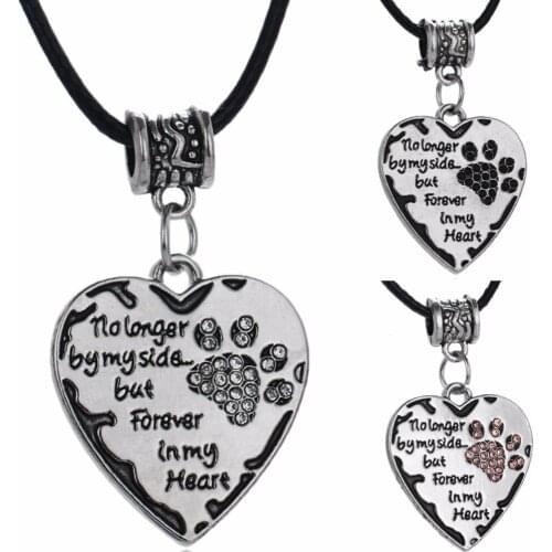 No Longer By My Side But Forever In My Heart Crystal Leather Necklace Crystal Paw Print Animal Memorial Jewelry Pet Lovers Gift