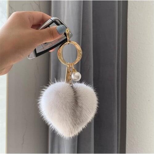 Big Fluffy Real Rex Rabbit Fur and Mink Fur Ball Heart Keychain Natural Fur Key Pendant For Women Bag Charm