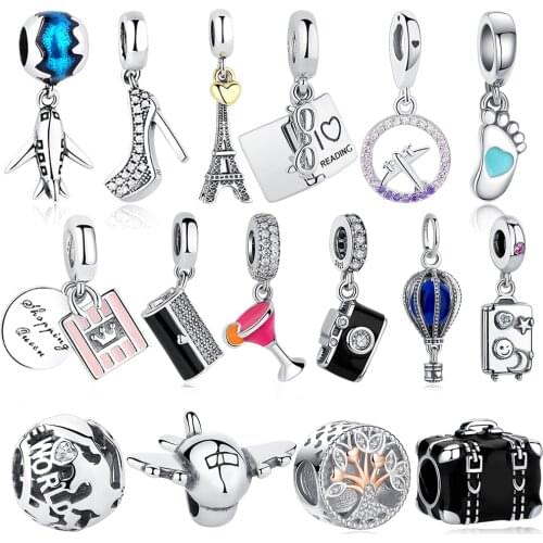 ELESHE 925 Sterling Silver Charm Bead Travel Suitcase Camera World Map Plane Beads Fit Original Charm Bracelet Jewelry Making