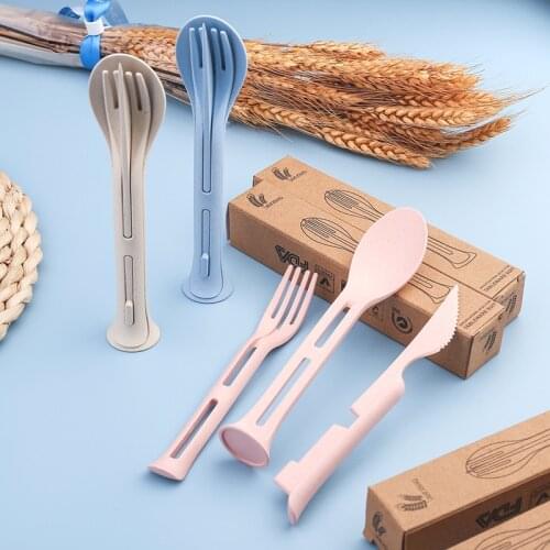 3 in 1 Portable Foldable Cutlery Set Wheat Straw Tableware Travel Cutlery Outdoor Dinnerware Knife Fork Spoon Kitchen Tableware
