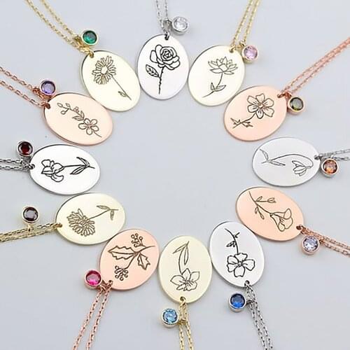 HUHUI Custom Carved Birth Flower Necklace Personality Birth Stone Pendant Stainless Steel Charm Jewelry For Woman Birthday Gift