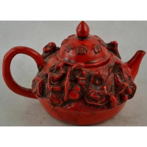 Collection Rare Old Decorated Handwork Red Coral Carving Immortal Flower Tea Pot Water Pot Exquisite Tea Set Statues