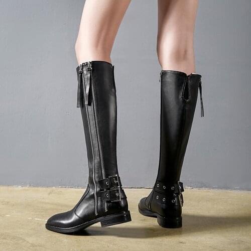 Fashion Women Winter Zipper Knee High Military Knight Boots Zipper Low Heels Genuine Leather Riding Boots Handsome Punk Shoes