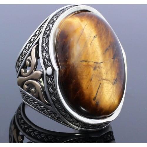 Solid 925 Sterling Silver Oval Tigers Eye Stone Mens Ring