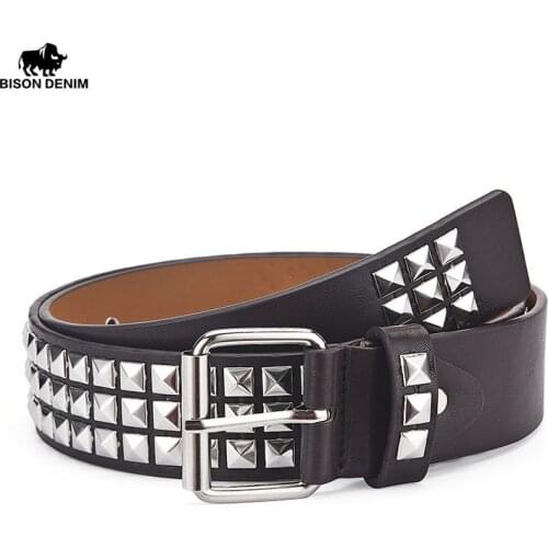 BISON DENIM Unisex Fashion Rivet Belt Men&Womens Studded Belt Punk Rock With Pin Buckle Hardware Jeans Designer Waist Belt