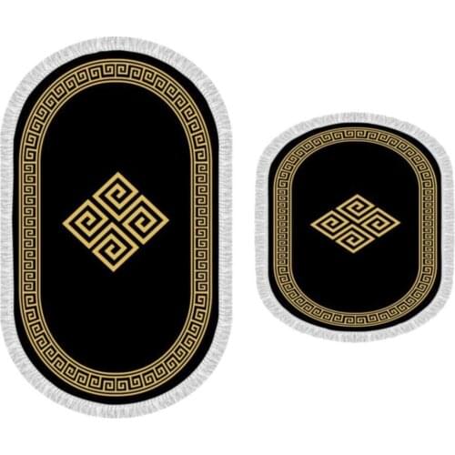 Oval Fringed 2 Pieces Bathroom Mat Set Black-Gold Non Slip - Velvet Digital Print - 60*100 cm / 60*50 cm - SIGN Bath Decoration