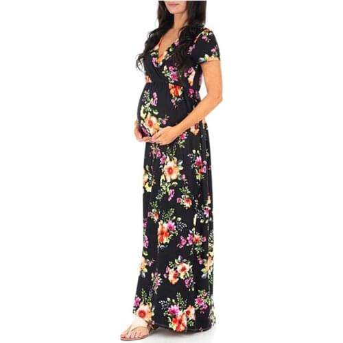 OKLADY Pregnancy Floral Dresses Cheap Long Bohemian Beach Maternity Dress for Holiday Vacation Pregnant Woman Dresses Black